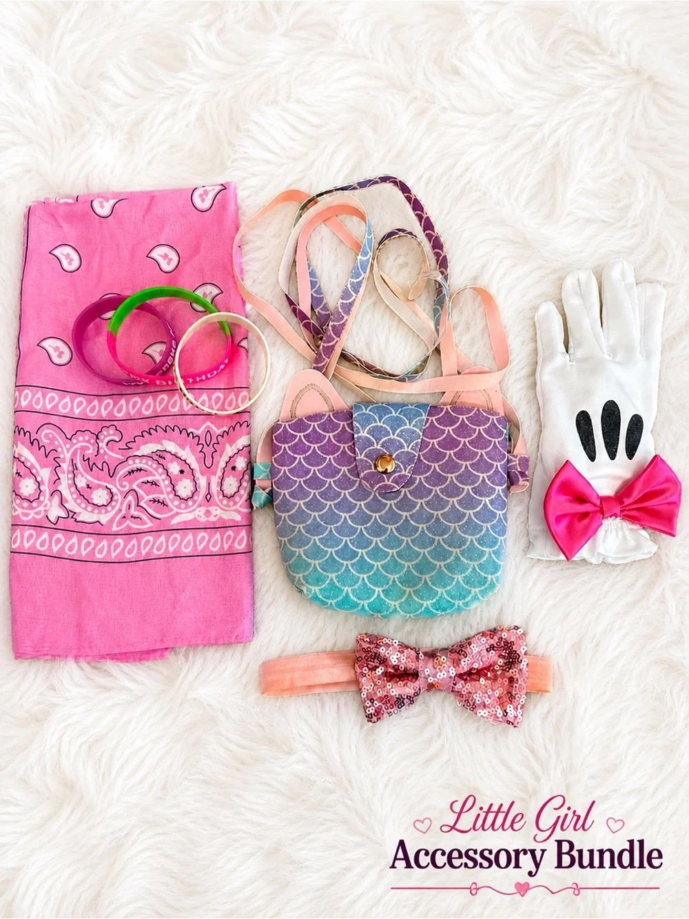 Little Girl Accessory Bundle | Mermaid Bag, Bow Headband, Gloves, Bandana